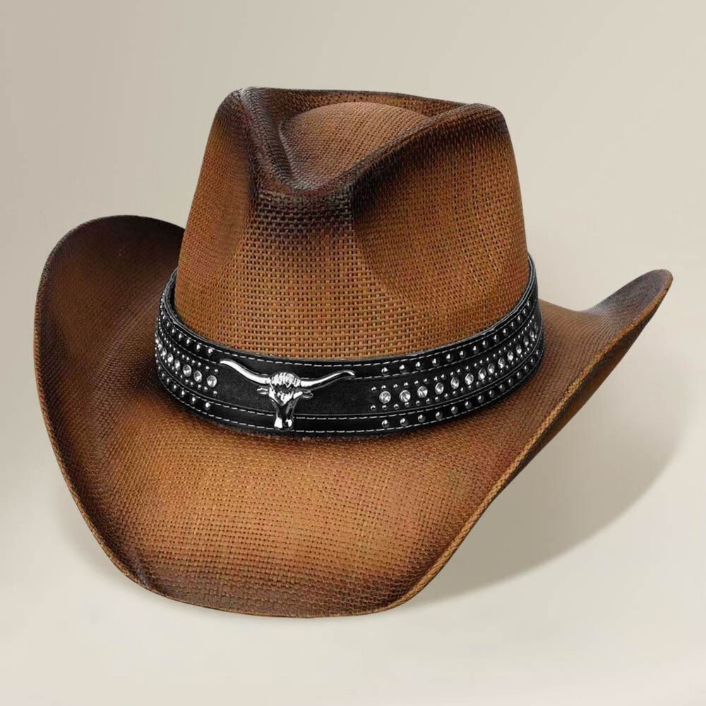 Tan Western Steer Head Studded Band Straw Cowboy Hat Womens Accessory Brown